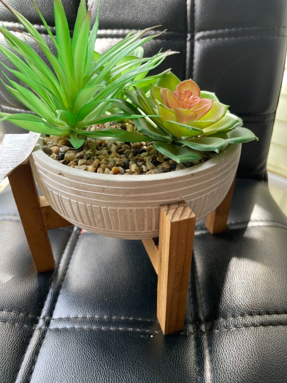 Tabletop Artificial Succulents in Ceramic Pot with Wood Stand-NWT